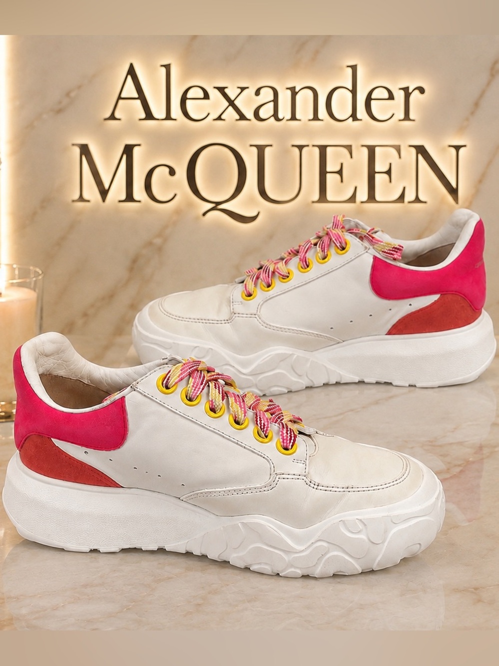 Alexander McQueen Court Trainer White Peony Pink Oversized Sneakers